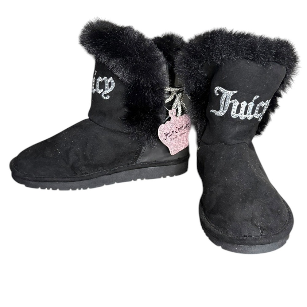 NWT Juicy Couture Black Faux Fur Boots Rhinestone Bow Glitter‎ Logo Kid's Size 1
